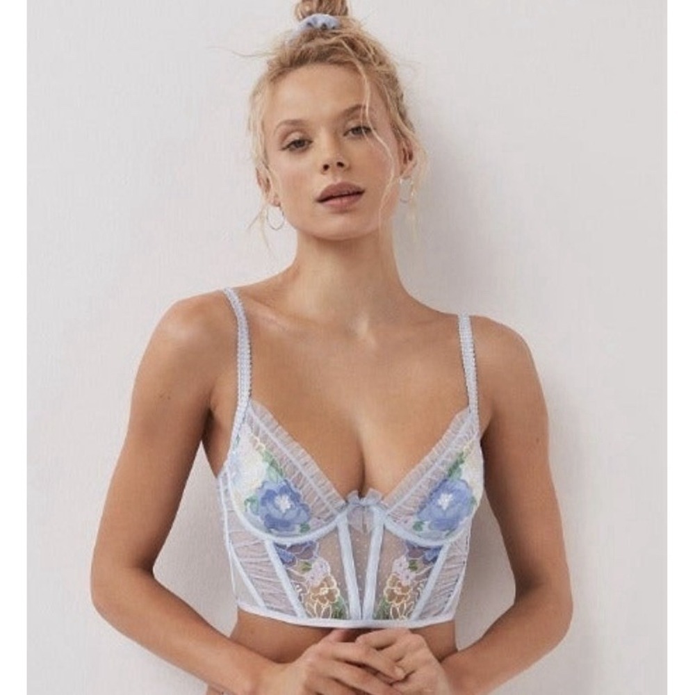 For Love & Lemons Luella Bra S Blue Floral Lace Bustier VS Victoria's Secret NWT